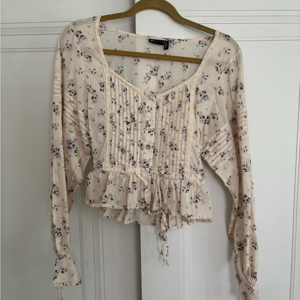 Floral Cream Blouse with Ruffles and Ties